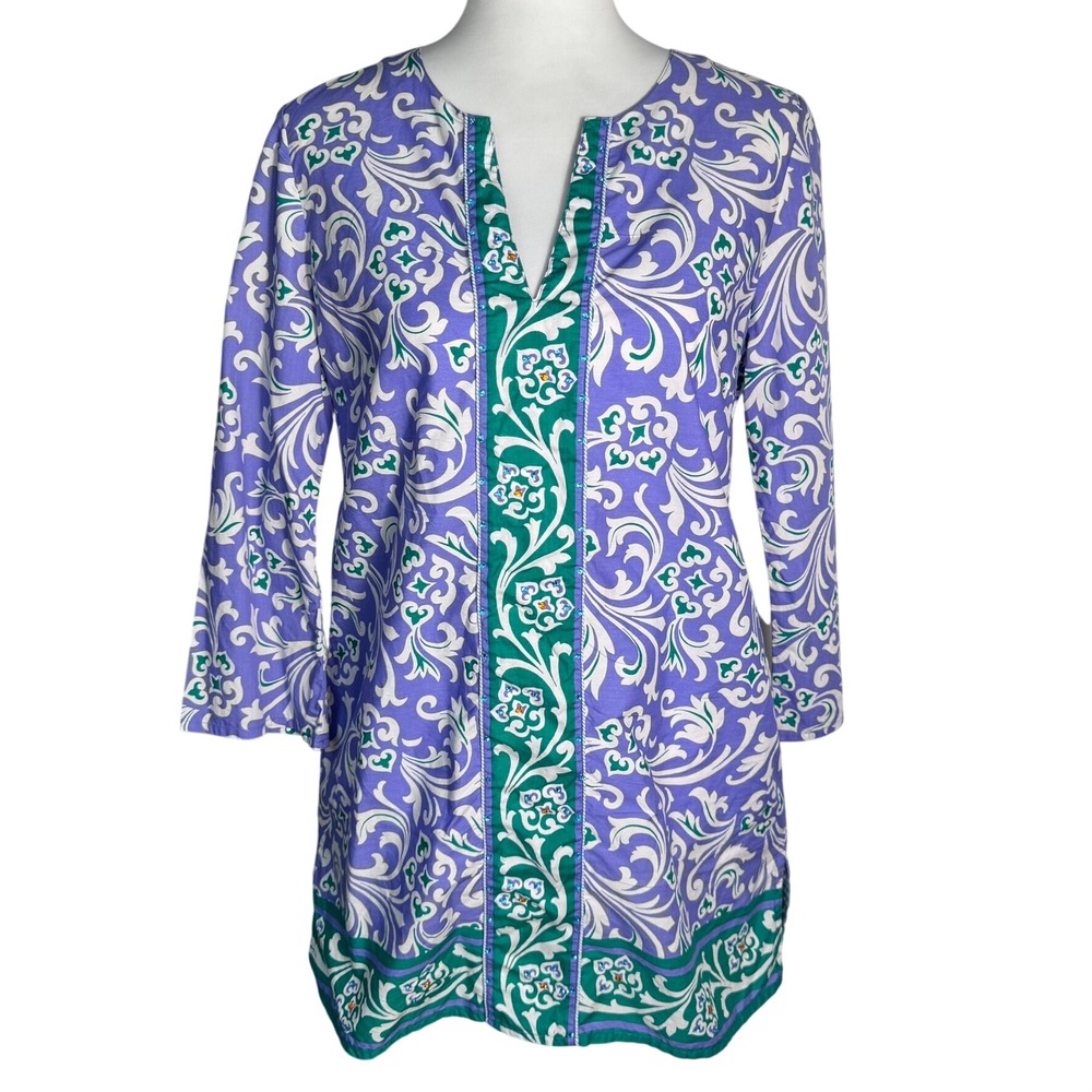 ROBERT GRAHAM Small Purple Green Damask Crystal Embellished Tunic Mini Dress